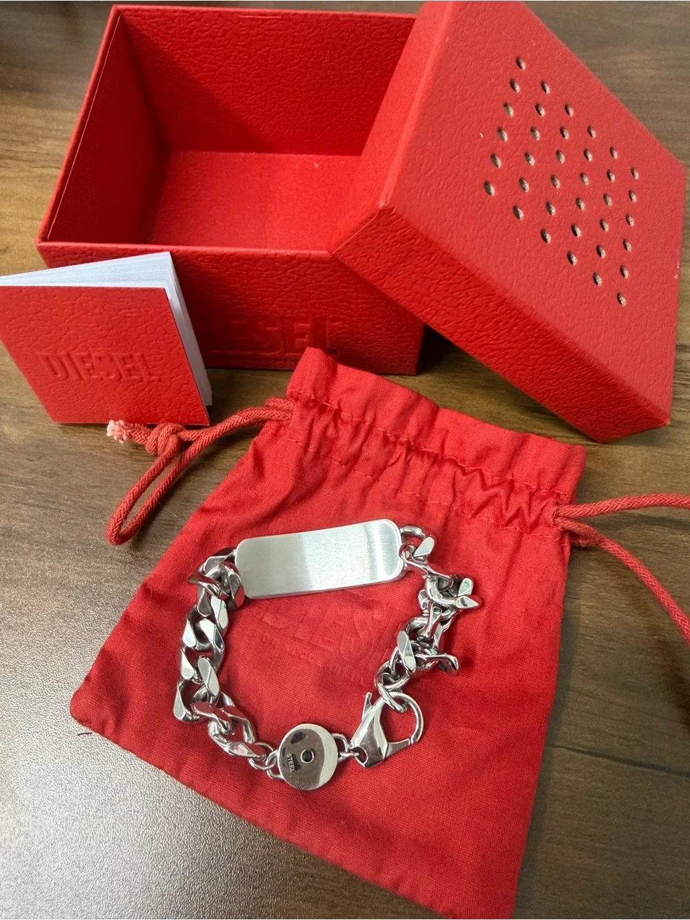 Diesel Silver-Tone ID Curb Chain Bracelet with Red Pouch